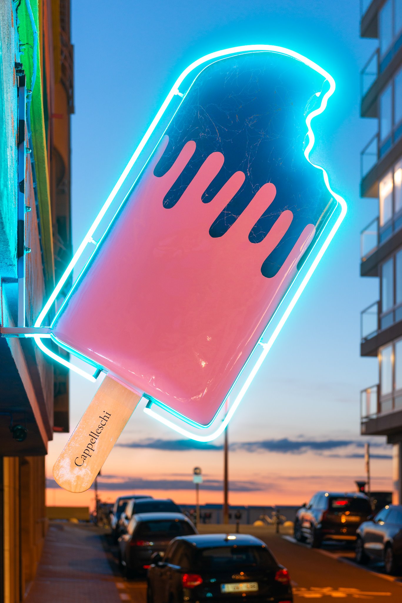 Neon ice cream sculpture by Antonio Marest for The Cappeleschi Gallery, displayed in Knokke