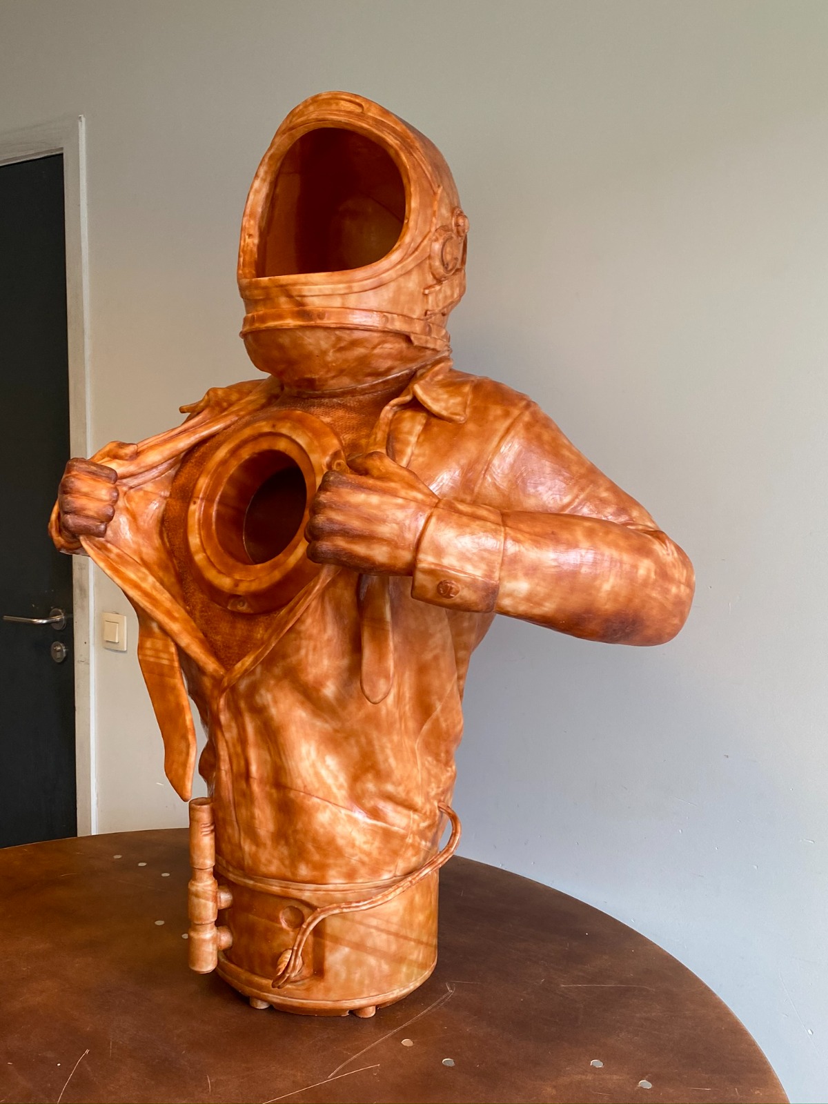 3D-printed sculpture covered in wax, created based on a sketch for artist Tom Herck, serving as the original model for a bronze cast