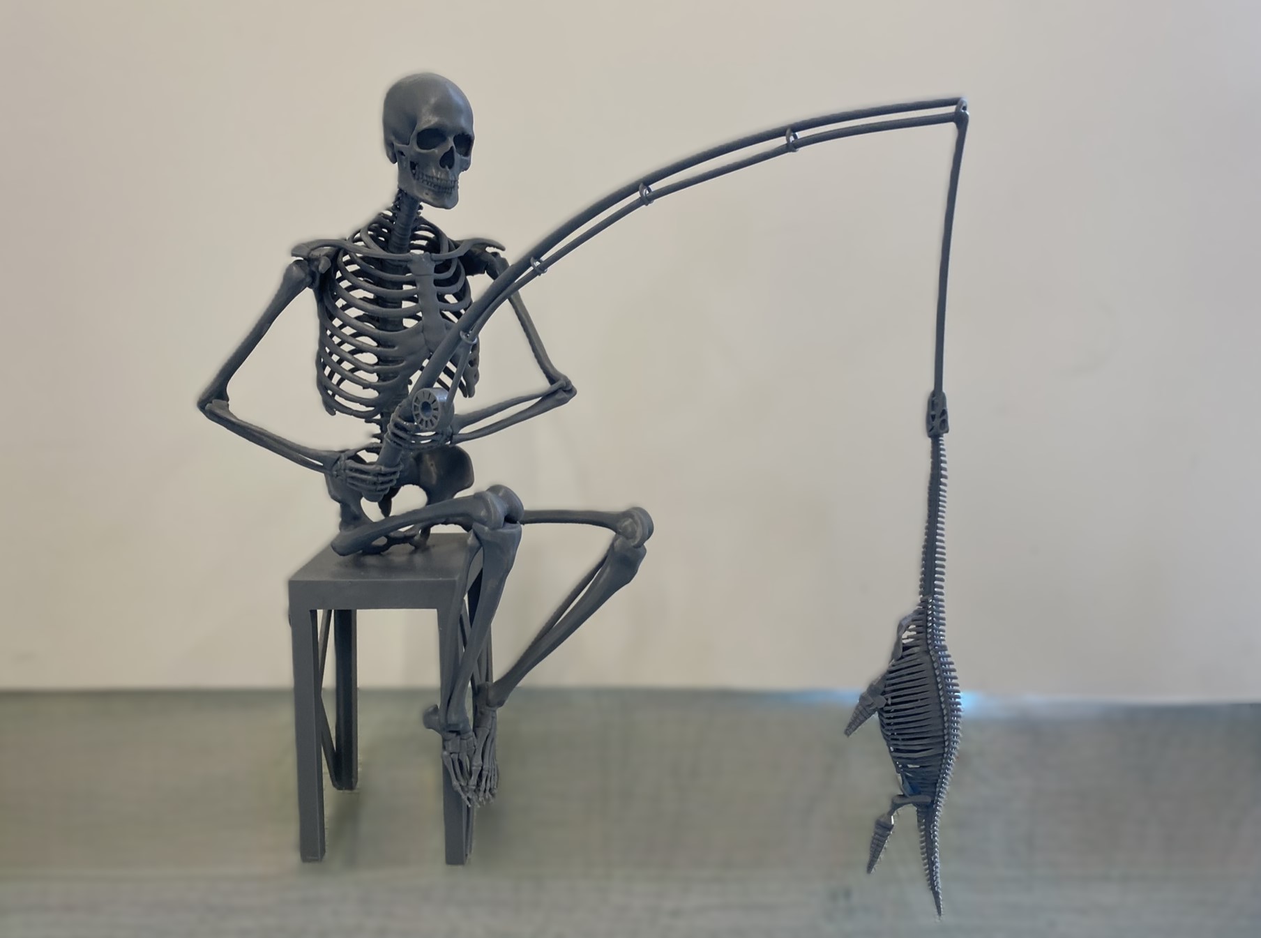 3D printed model of a skeleton fishing created for Tom Herck's installation Once We Ruled The World at Venice Art Biennale 2024