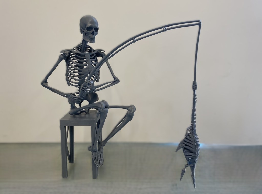 3D printed model of a skeleton fishing created for Tom Herck's installation Once We Ruled The World at Venice Art Biennale 2024