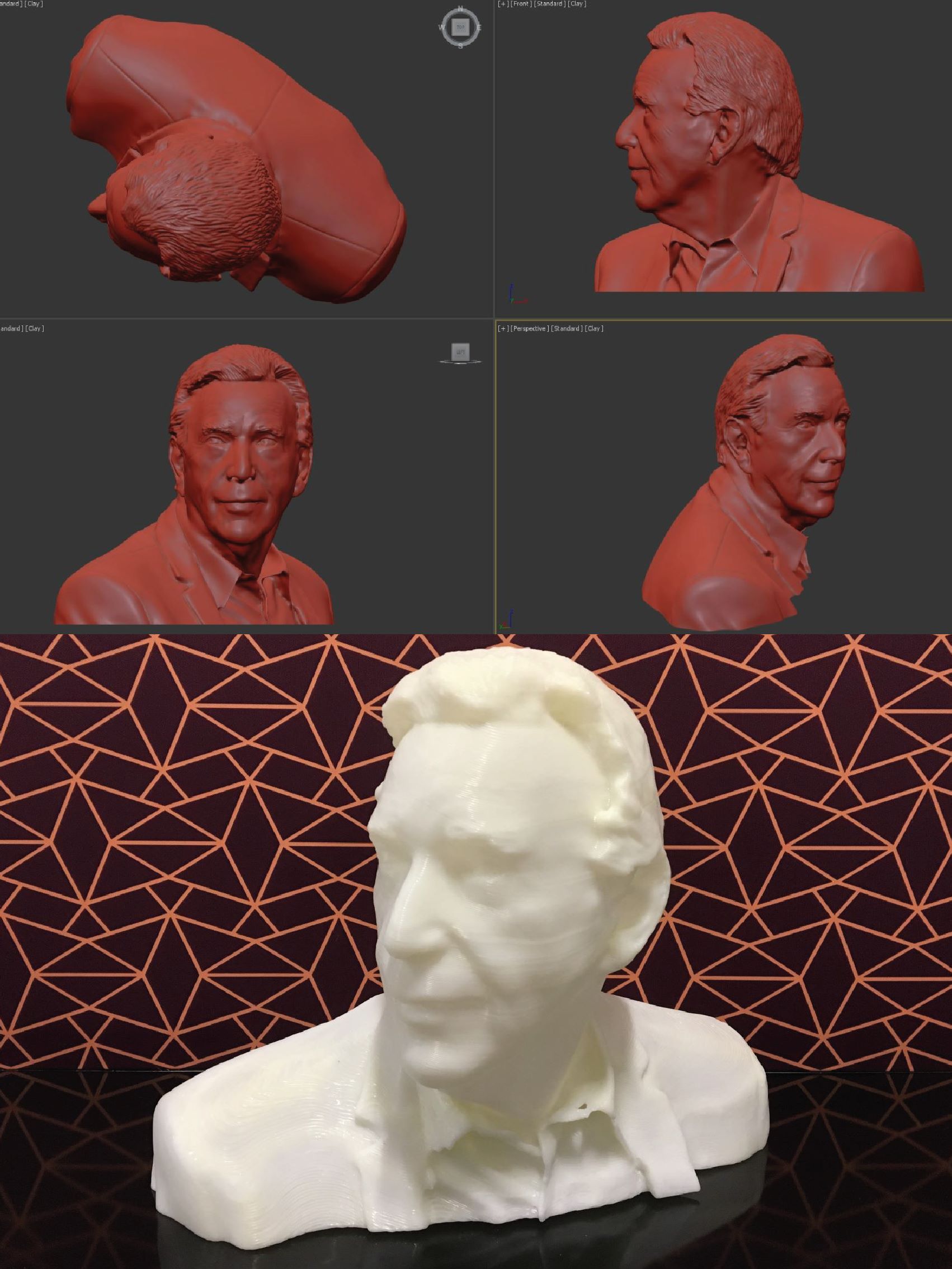 3D-printed low-resolution bust of Belgian singer Will Tura created from a realistic 3D scan for an artist to sculpt the final piece