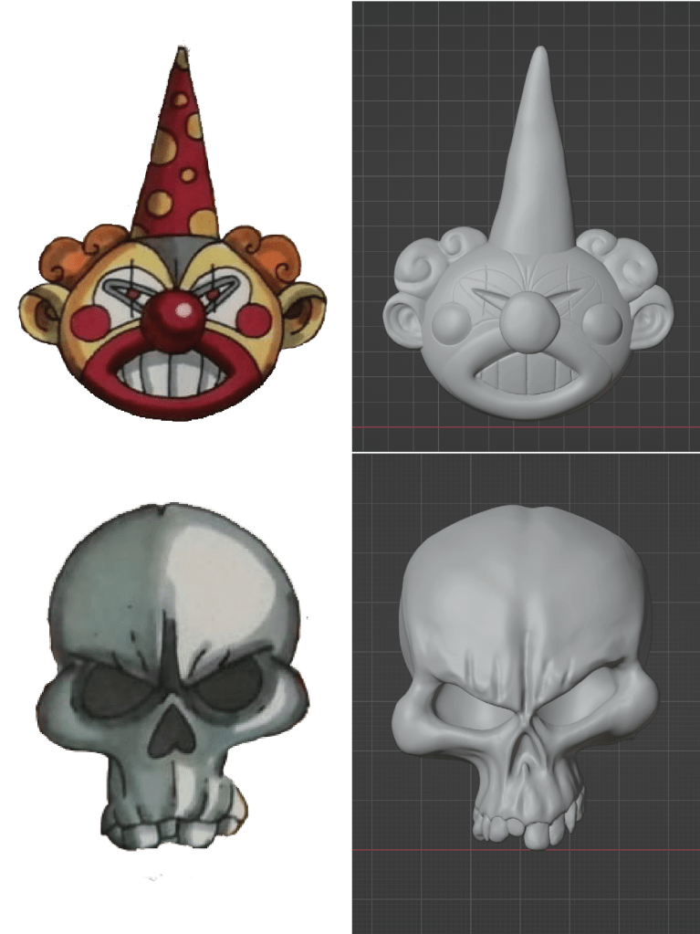3D models of Halloween-themed clown and skull sculptures based on original sketches for Walibi park decorations for FX³