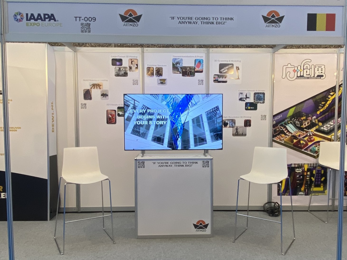 Art Nzo's booth setup at IAAPA Europe Expo 2024 in Amsterdam, highlighting 3D printing and themed installation services